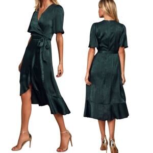 Lulus Satin Faux Wrap Midi Dress V Neck Flutter Sleeve Teal Green NEW Womens M